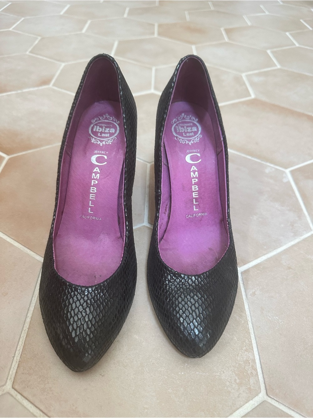 Jeffrey Campbell Black Snakeskin Pointed-Toe Heels with Purple Insole